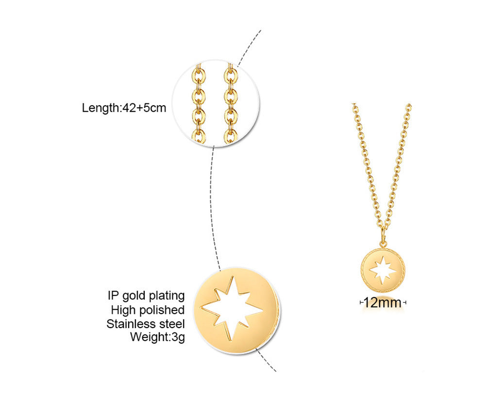 Stainless Steel Hollowed Out Star Round Pendant Necklace for Women