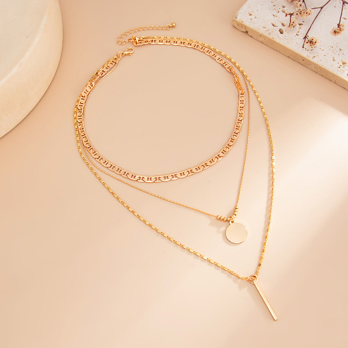 Disc & Bar Pendant Layered Chain Necklace