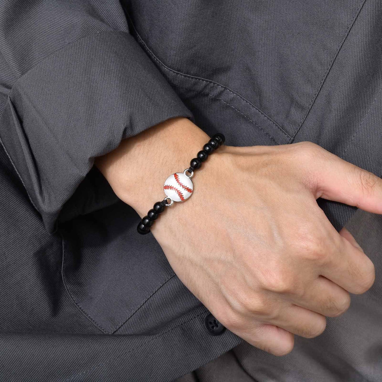 Stainless Steel Basketball Agate Beaded Woven Men's Bracelet