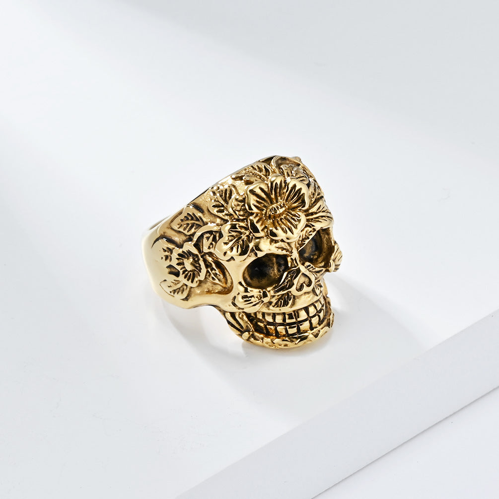 Flower Grass Skull Stainless Steel Ring Men's