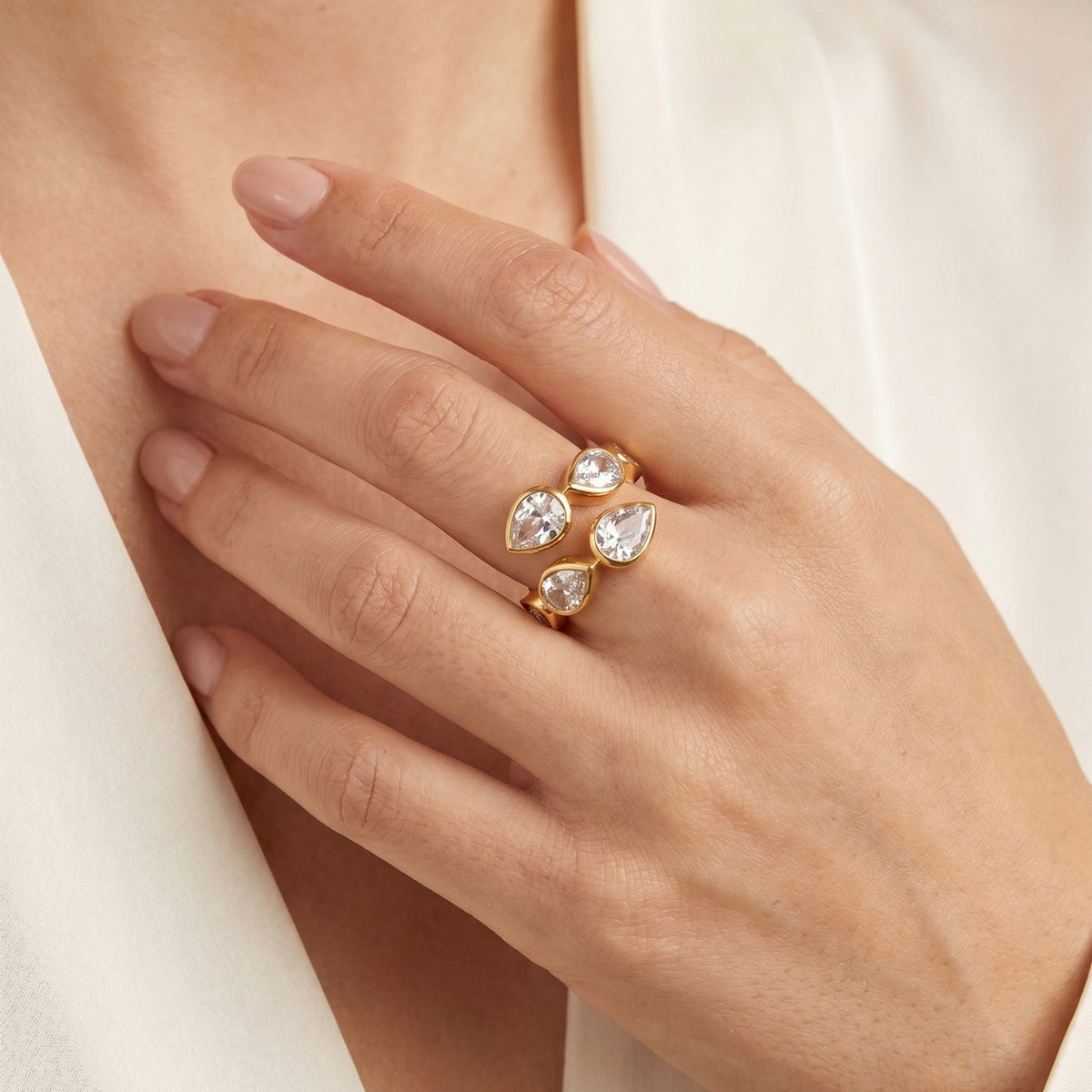 Women's Stainless Steel Water Drop Zircon Open Ring Gift