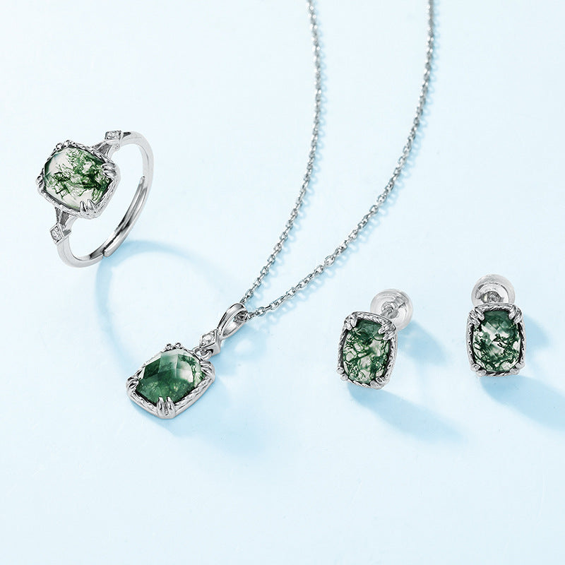 S925 Sterling Silver Gold-Plated Moss Agate Vintage-Inspired Necklace