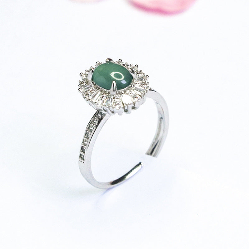 Blue-Water Jadeite Zircon Halo Ring