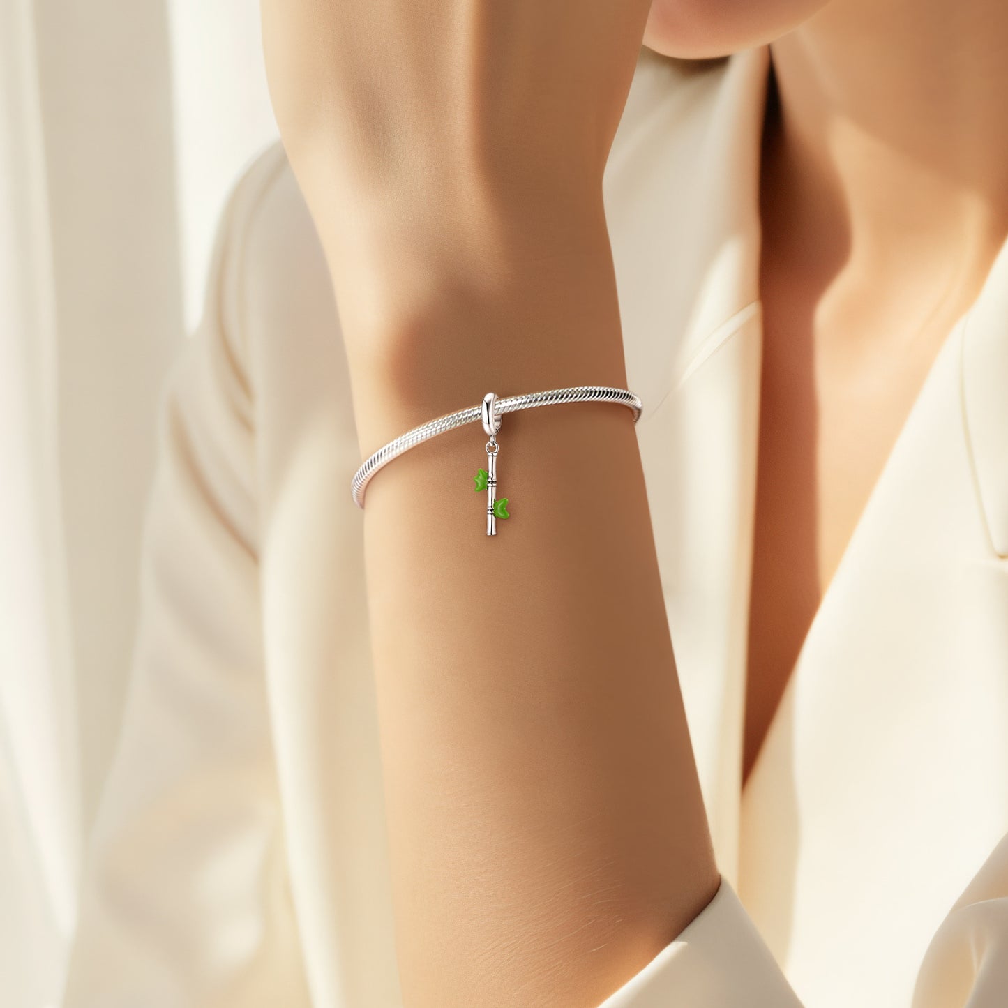 Planderful Sterling Silver Bamboo Pendant With Green Enamel