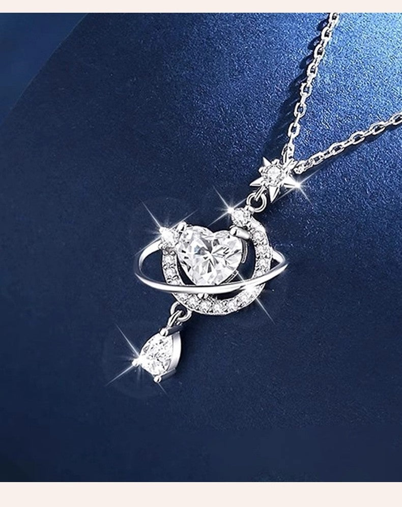 Planderful Dream Star Moon 925 Sterling Silver Zircon Necklace Gift For Girlfriend Light Luxury