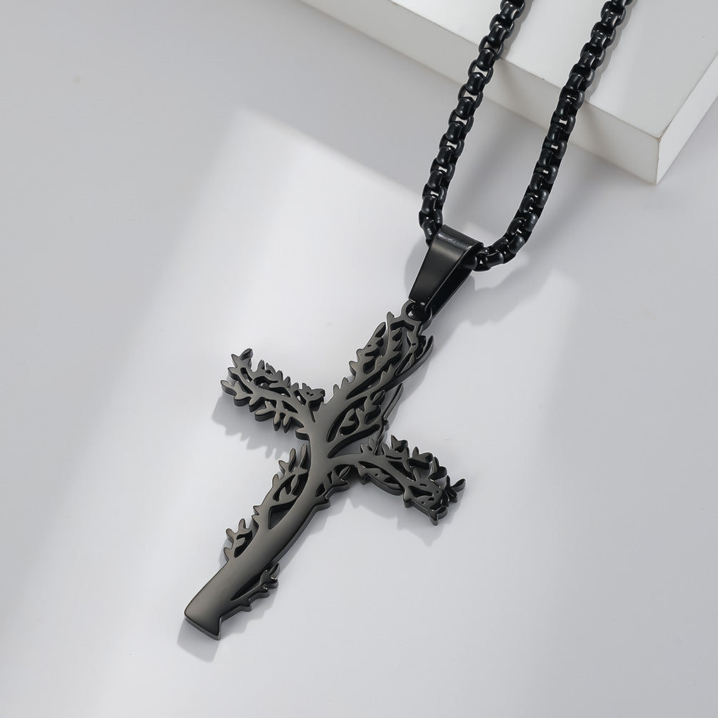 Stainless Steel Tree of Life Cross Necklace for Men and Women