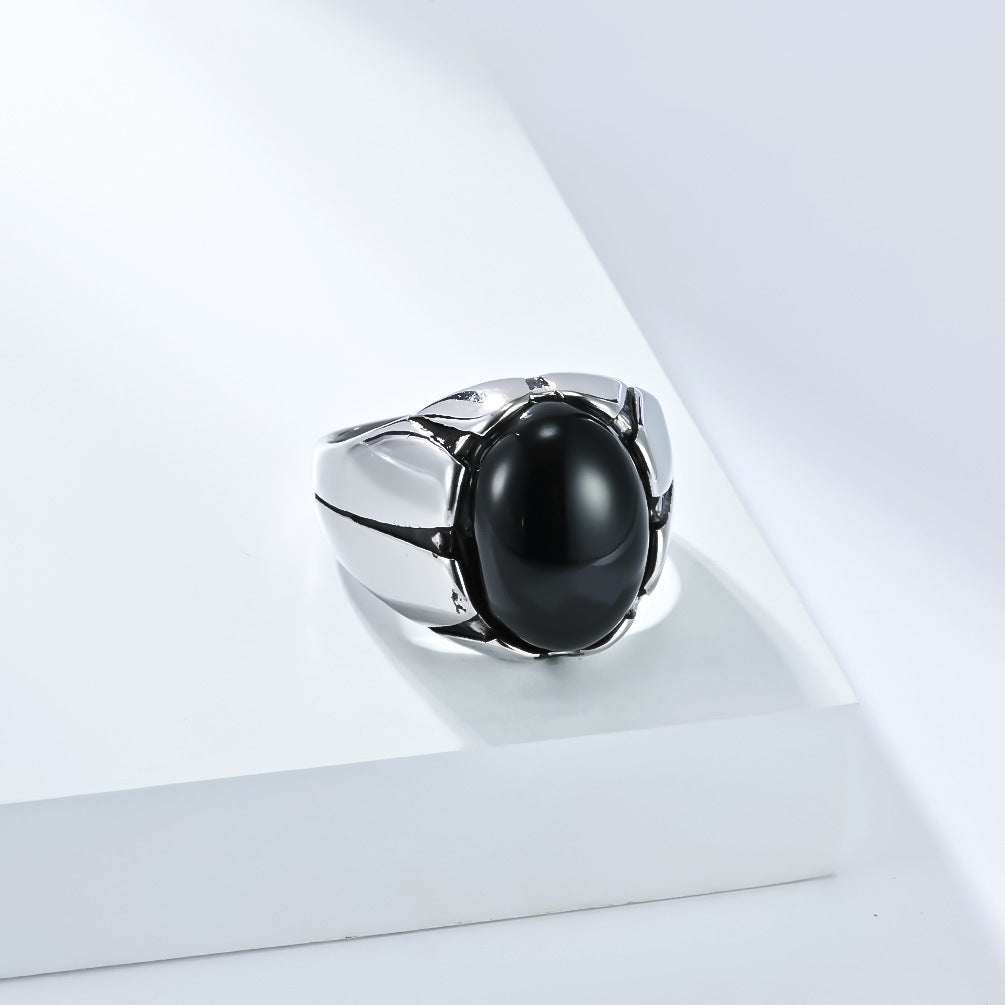 Planderful Tiger's Eye Ring For Men Egg Shaped Black Stone Stainless Steel Jewelry Everyday Genie
