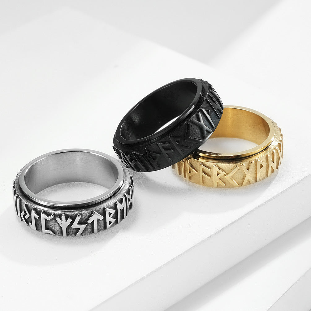 Planderful Titanium Steel Rotating Ring For Men Nordic Viking Luhn Text Decompression Jewelry
