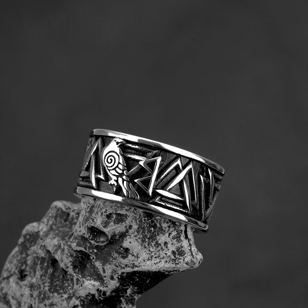 Planderful Viking Runic Ring Raven Triangle Relief Durable Stainless Steel For Men Everyday Genie