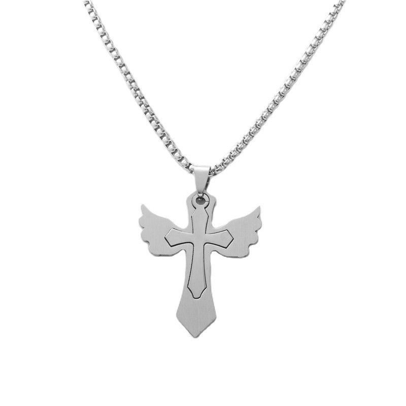 Trendy Titanium Steel Cross and Angel Wing Pendant Necklace for Men and Women