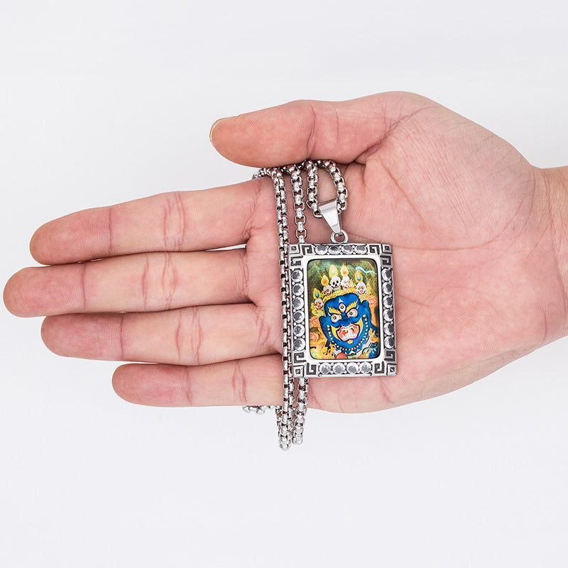 Zircon Necklace - Vintage Nepal Thangka Pendant For Men Featuring Inlaid Black Steel