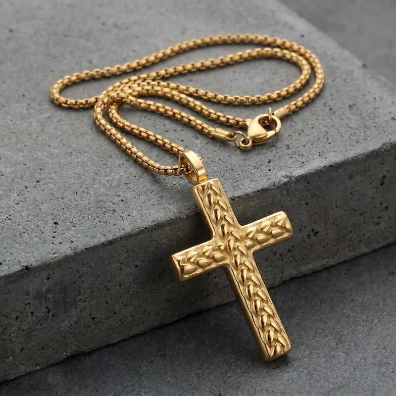 Round Bead Chain Trendy Three-Dimensional Wheat Ear Pattern Cross Pendant, Stainless Steel Square Necklace