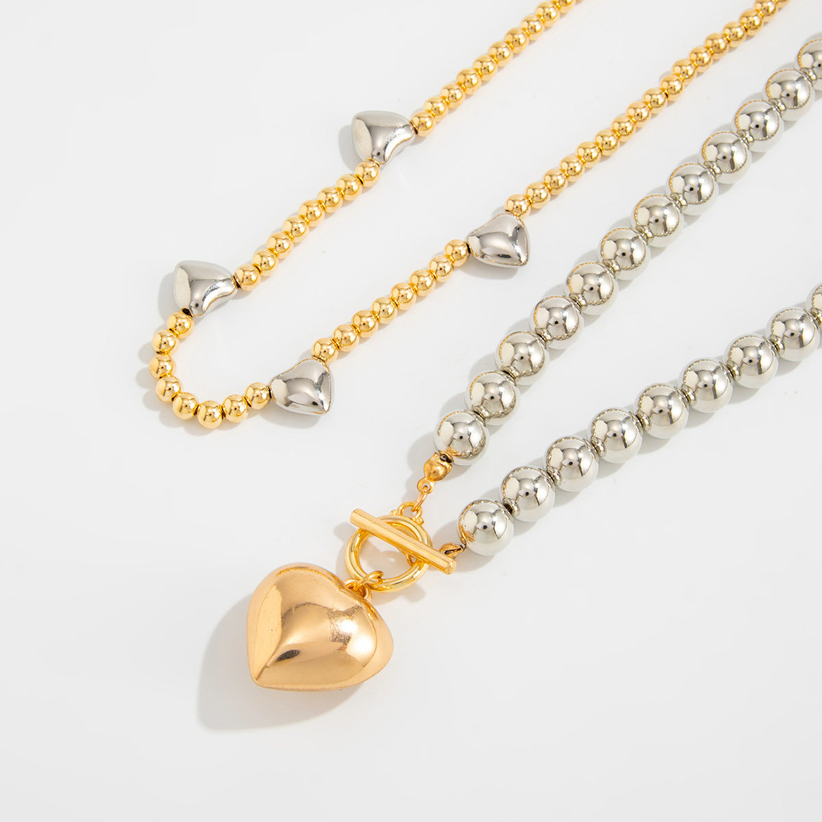 Heart Pendant Double-Layer Beaded Necklace Set