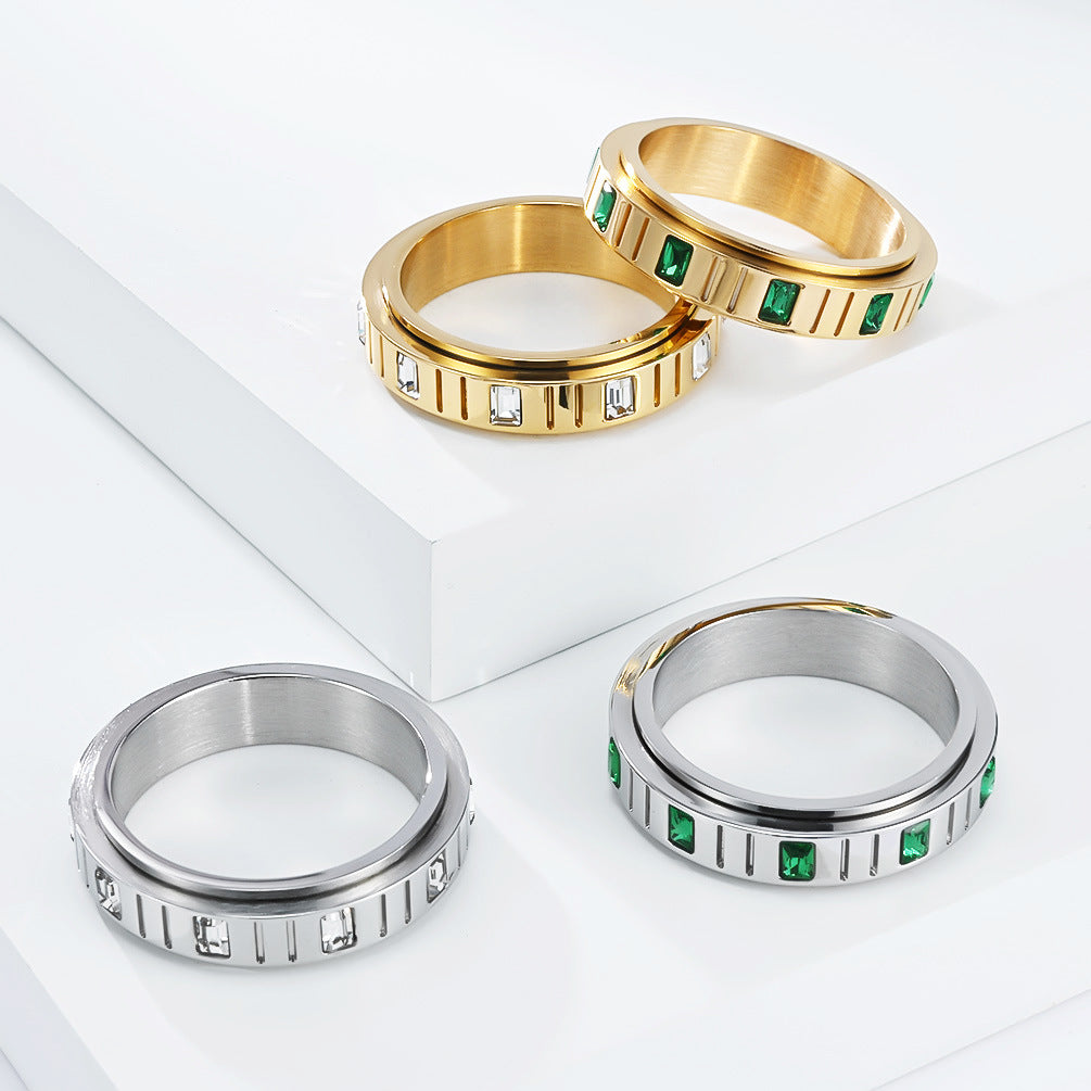 Planderful Rotating Ring Emerald Zircon Titanium Steel For Women Everyday Genie Collection