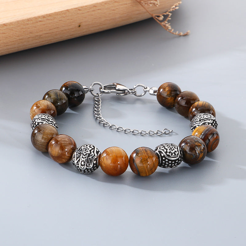 Bracelet – Tiger's Eye Stone Beaded Stainless Steel Round Beads With Extension Chain