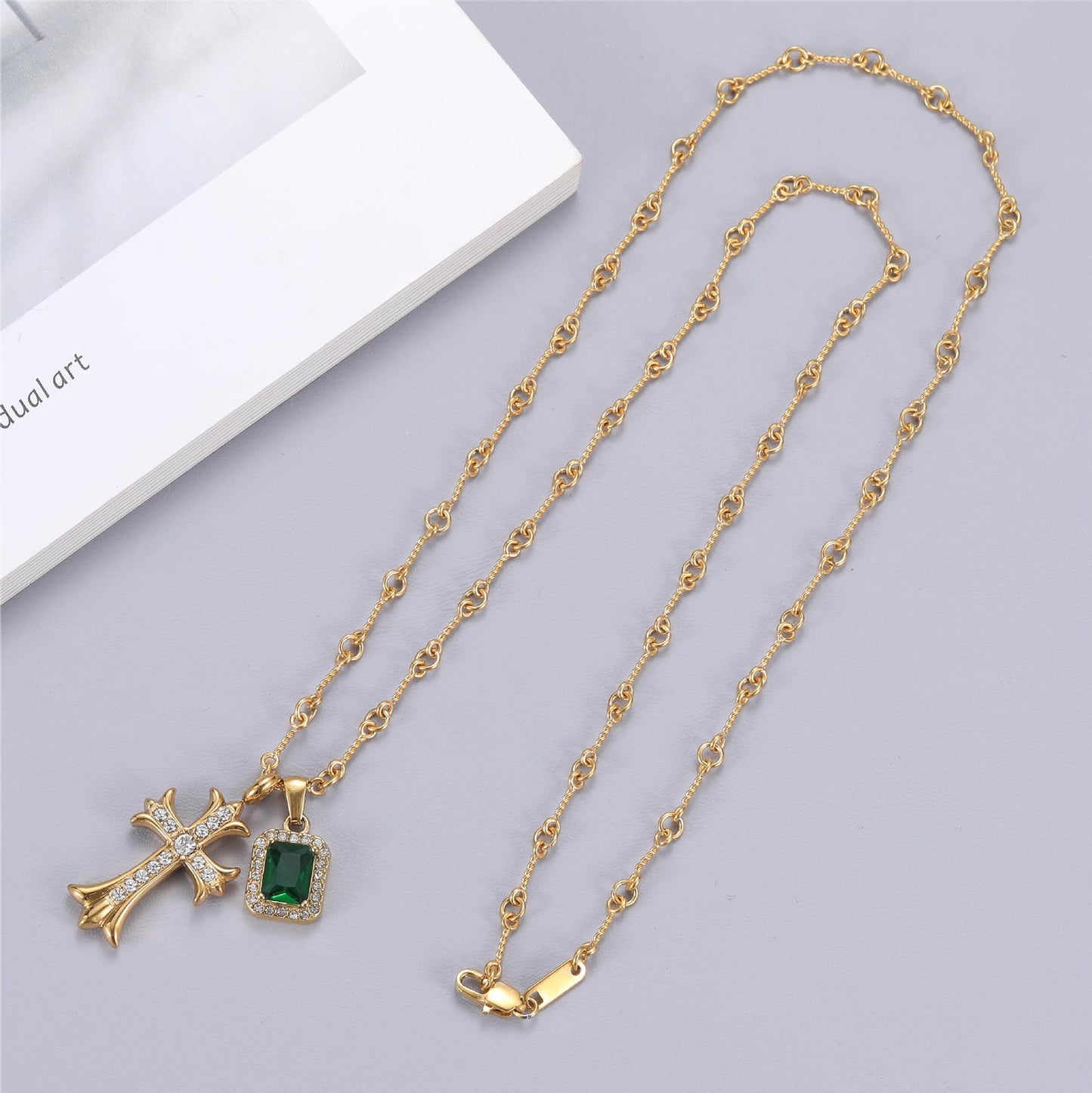 Planderful Jewelry Emerald Zircon Cross Necklace For Men And Women In Titanium Steel Hip Hop Chain