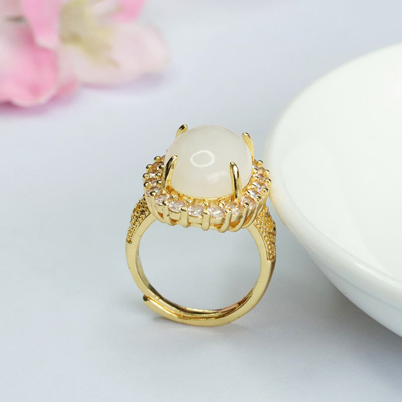 White Hetian Jade Zircon Halo Ring