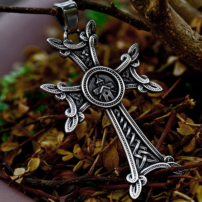 Titanium Steel Nordic Viking Cross Pendant with Celtic Knot Design for Men