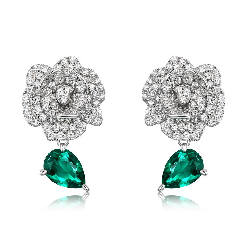 S925 Sterling Silver Lab-Grown Emerald Camellia Stud Earrings