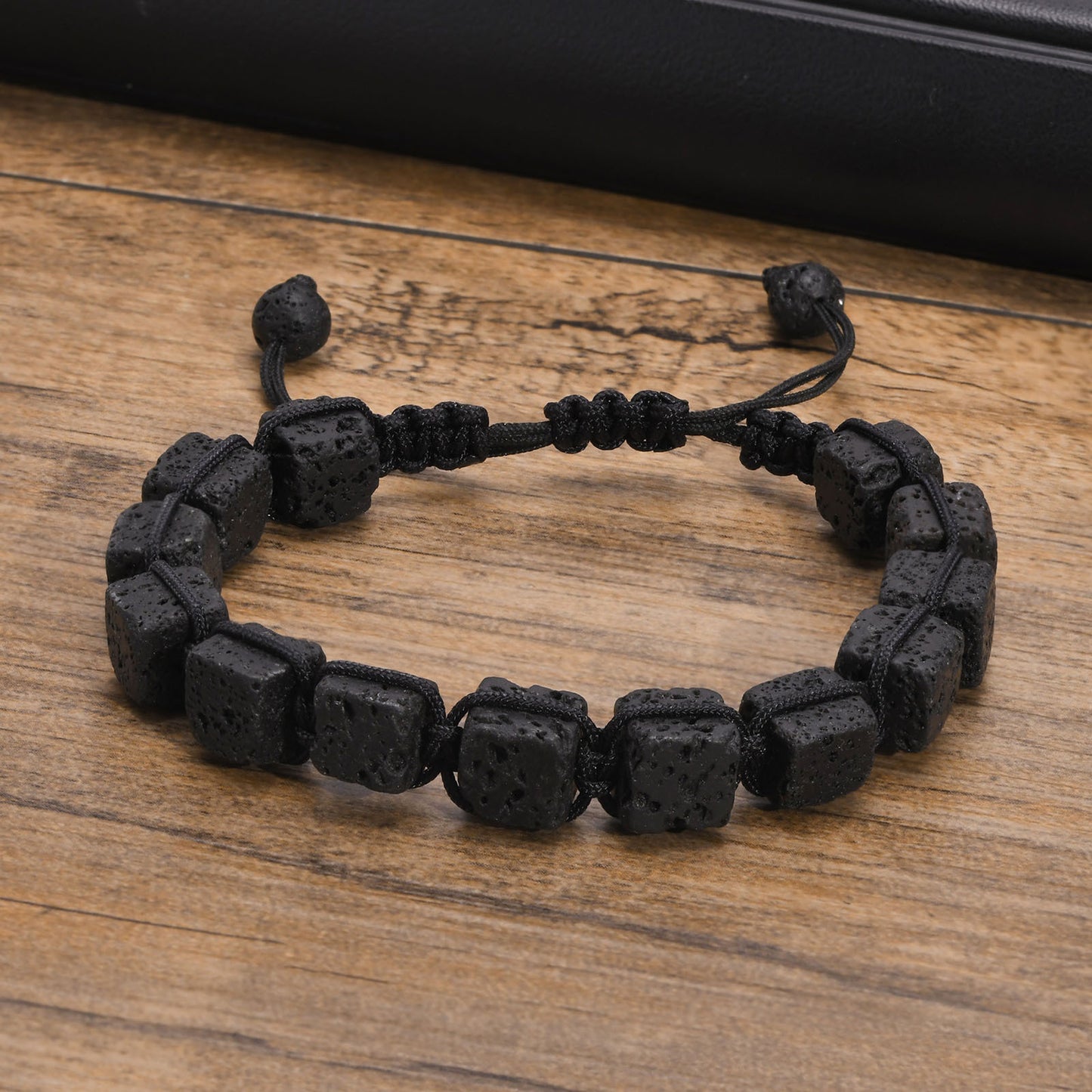 Men's Black Bracelet Adjustable Square Volcanic Stone Jewelry