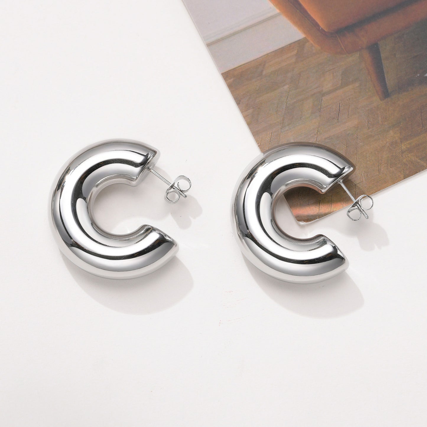 Stainless Steel Polished Hollow C Earrings Women's Bare Body