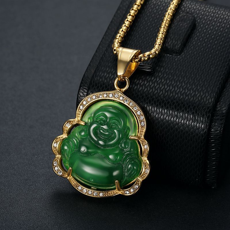 Planderful Maitreya Buddha Pendant Necklace Unisex Gold Plated Titanium Steel Zircon Malay Chalcedony Resin Glazed