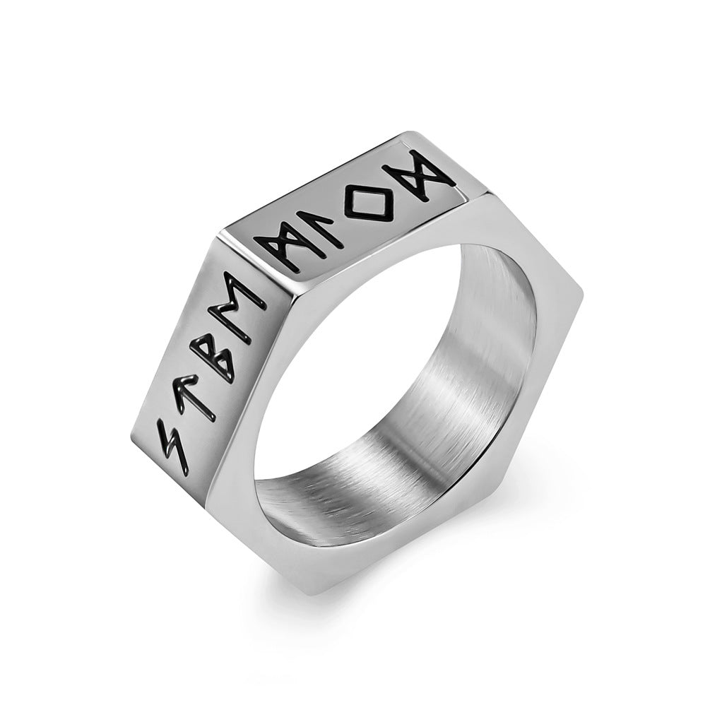 Planderful Everyday Genie Stainless Steel Ring With Hexagonal Niche And Pirate Viking Text For Hipster Vibe