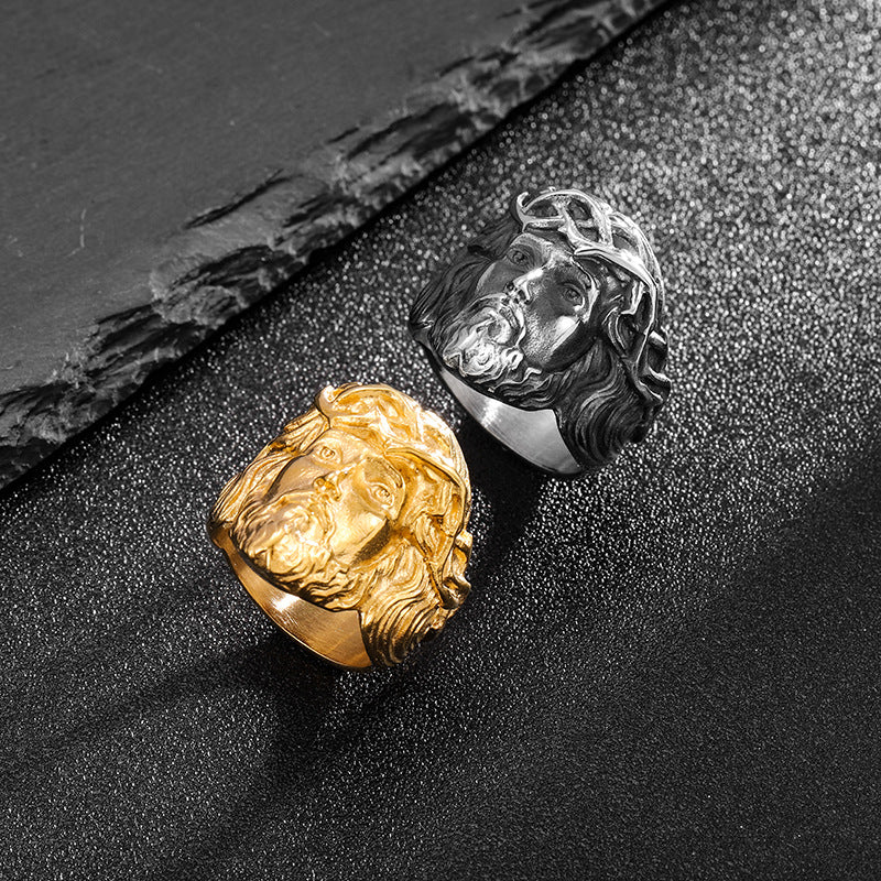 Planderful Collection Jesus Portrait Ring for Men Stainless Steel Gold Plated Polished Finish Everyday Wear Sizes 7 13