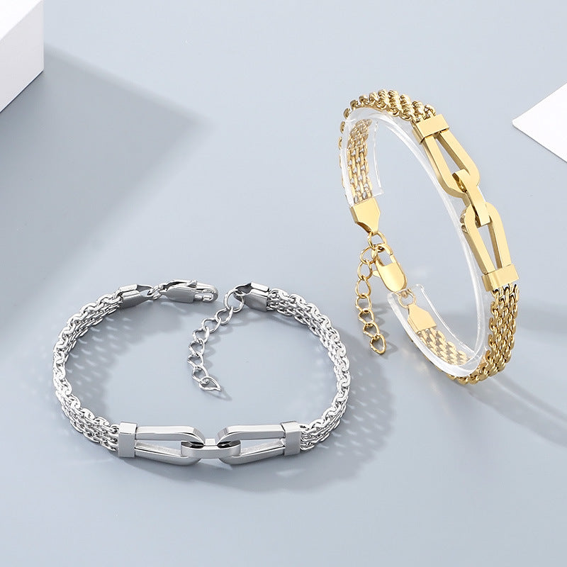 Style Hollow Woven Chain Design Horseshoe Buckle Titanium Steel Men's Bracelet