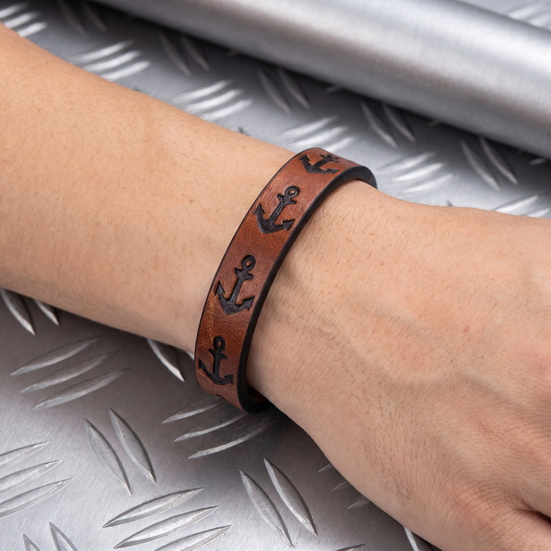 Western Nautical Anchor Cross Leather Rope Bracelet 10mm Embossed Totem Imitation