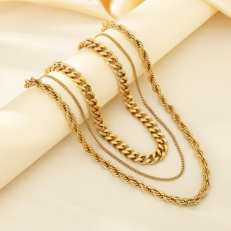 Hipster Stainless Steel Plain Chain Hip Hop Simple Multilayer Stacked Strap Cuban Chain Necklace