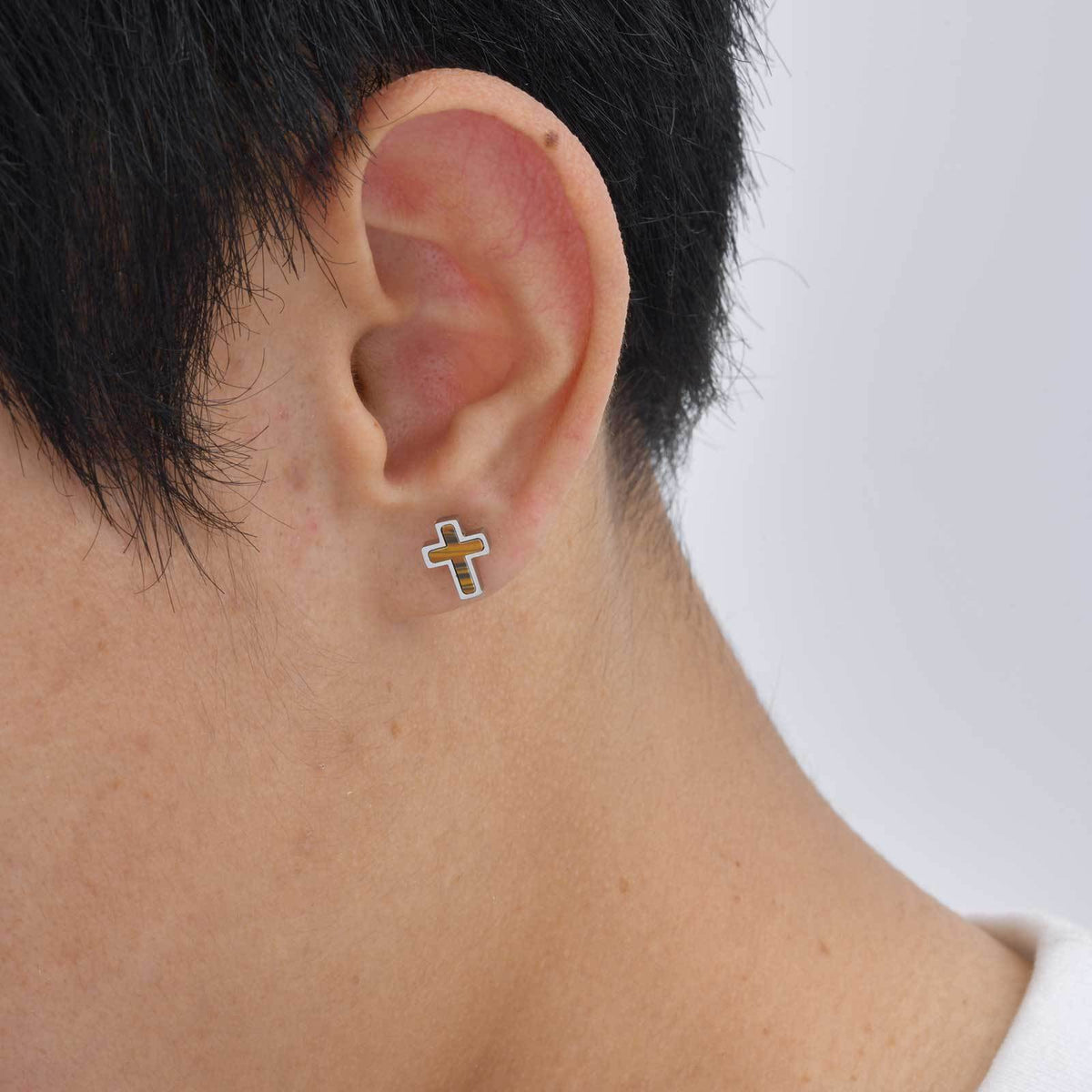 Stainless Steel Tiger's Eye Cross Earrings