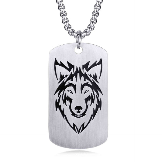 Stainless Steel Full Sand Corroded Wolf Head Dog Tag Pendant
