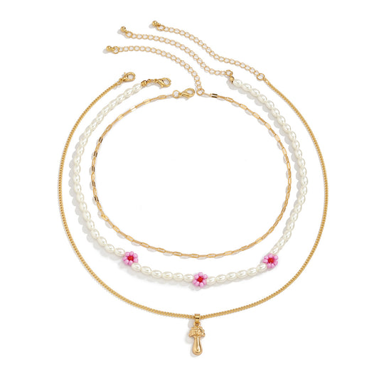 Planderful Mushroom Flower Necklace Multi Layer Pastoral Imitation Pearl For Women Elegant Statement Jewelry