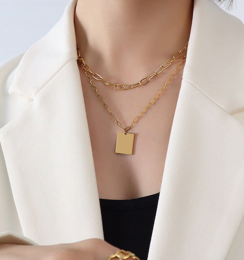 French Square Vintage Double Stacked Clavicle Chain Necklace
