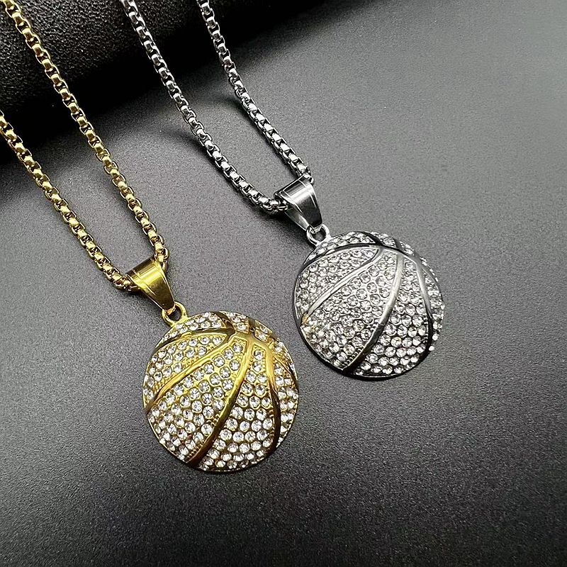 Planderful Basketball Pendant Necklace Premium Gold Plated Stainless Steel With Zircon For Hip Hop Fans