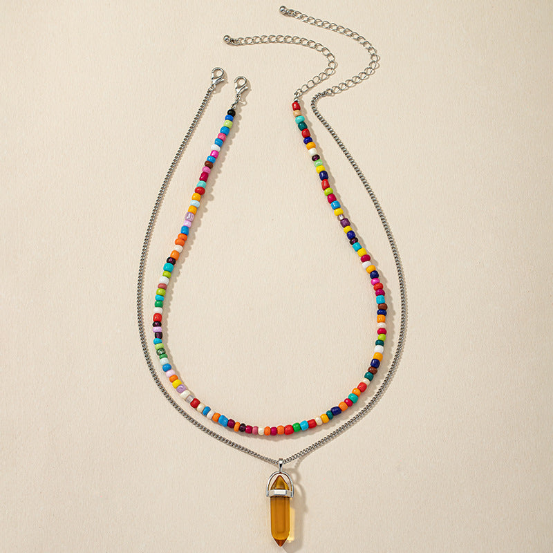 Retro Stone Beaded Necklace with Hexagonal Pendant and Unique Design Touch, Ideal for European and American Markets