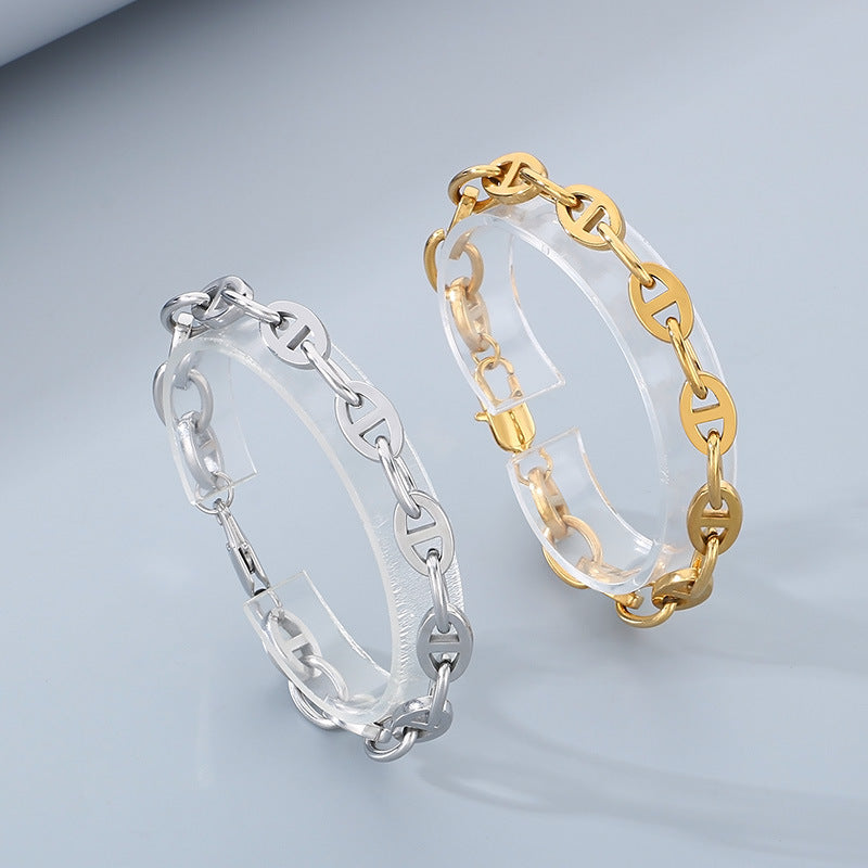 Planderful Mens Stainless Steel Pig Nose Chain Bracelet