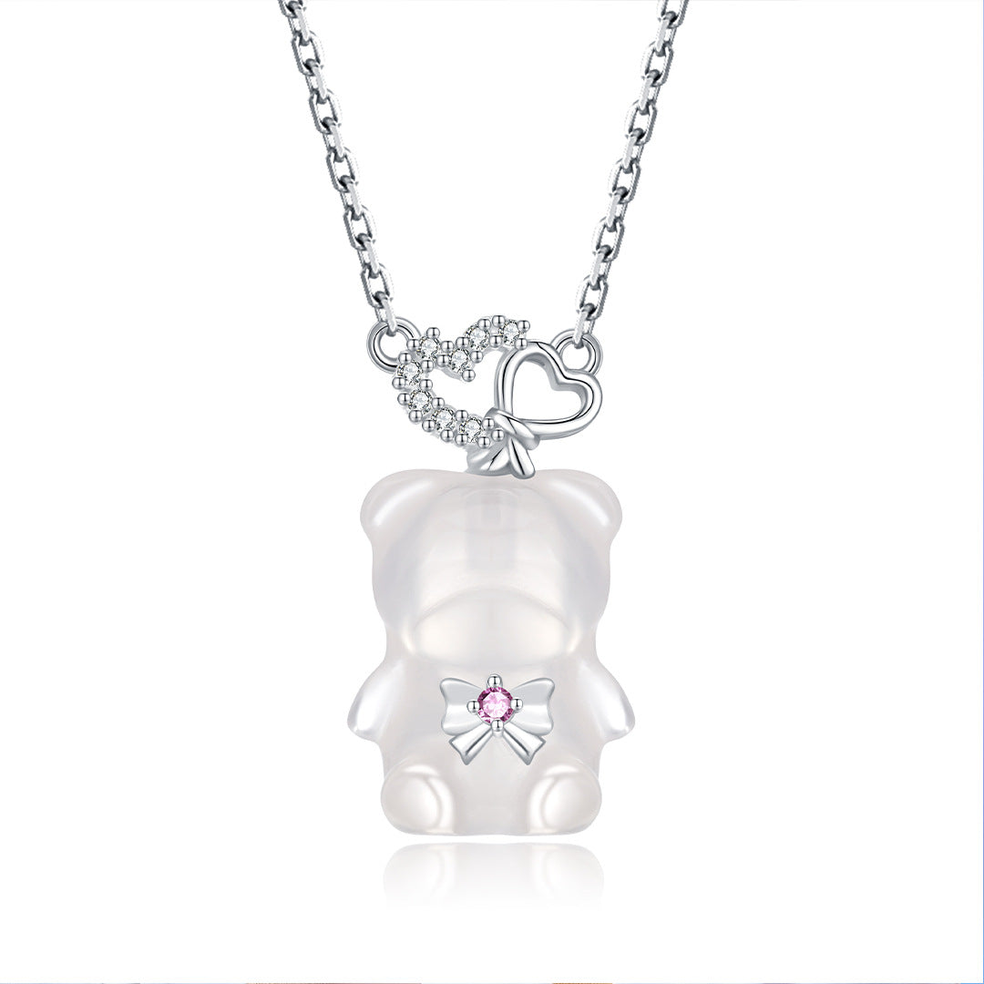 Love Sweetheart Bear S925 Sterling Silver Necklace Chalcedony Premium Clavicle Chain