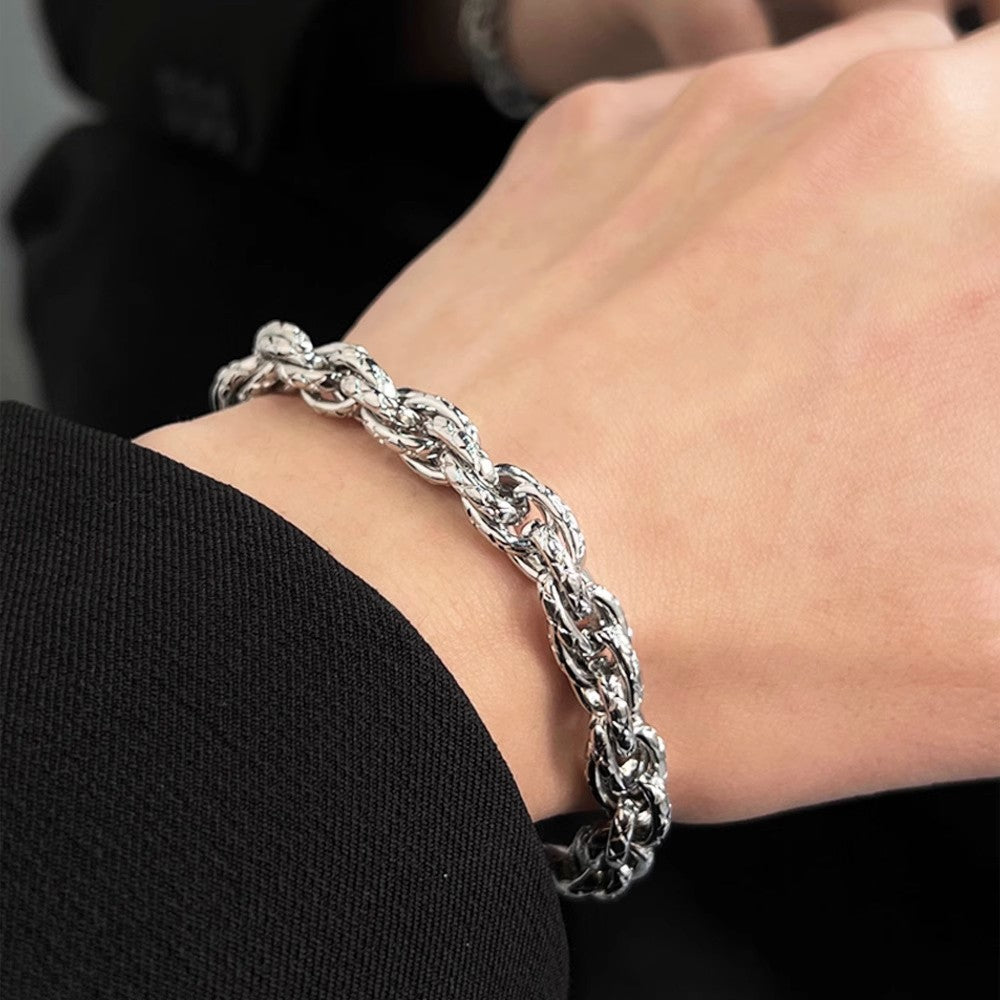 Planderful Jewelry Mens Embossed Mobius Steel Bracelet With Cuban Link Handwoven Design