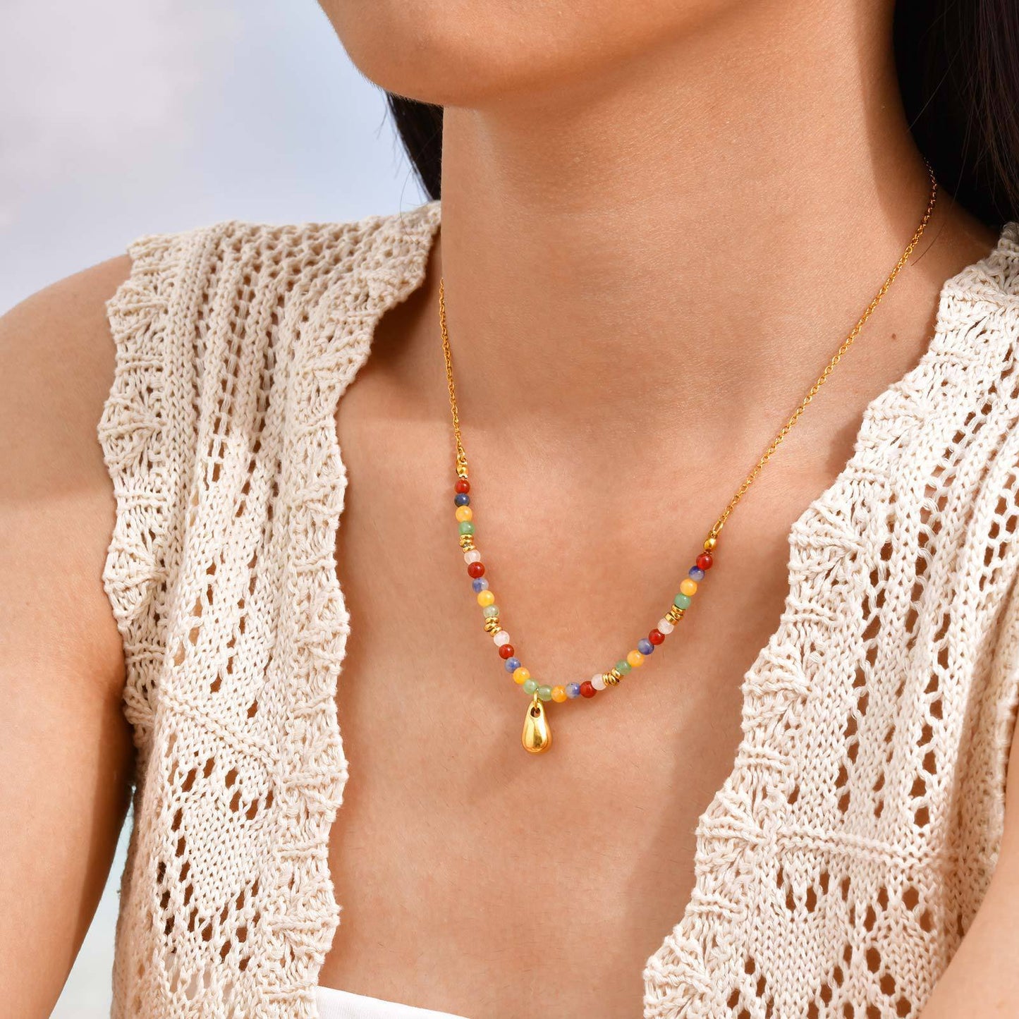 Stainless Steel Colored Natural Stone Bead Cross Cherry Teardrop Heart-Shaped Necklace