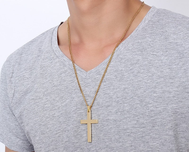 Stainless Steel Cross Pendant Gold Sweater Necklace Men