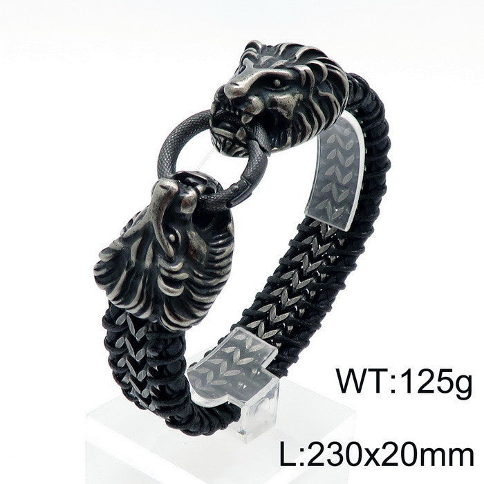 Planderful Double Wolf Head Lion Head Bracelet Men Titanium
