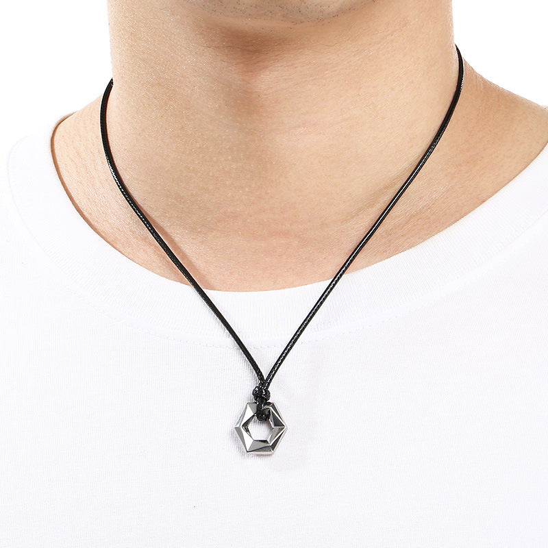 Popular Heart-Shaped Sweater Chain, Creative Wax Rope, Five-Pointed Star Hexagonal Titanium Steel Men's Necklace