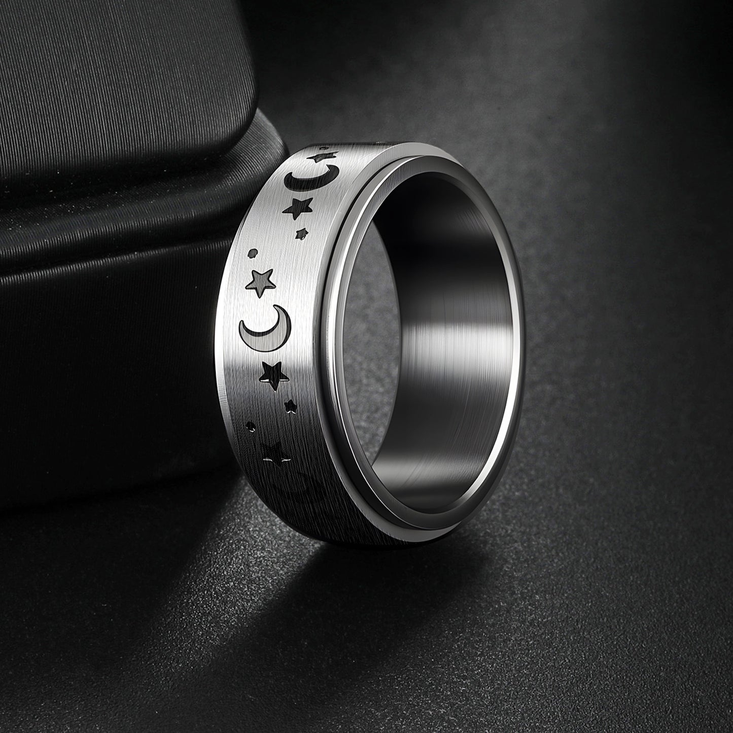 Planderful Everyday Genie 8mm Rotatable Star Moon Stainless Steel Ring For Men Unisex Couples Statement