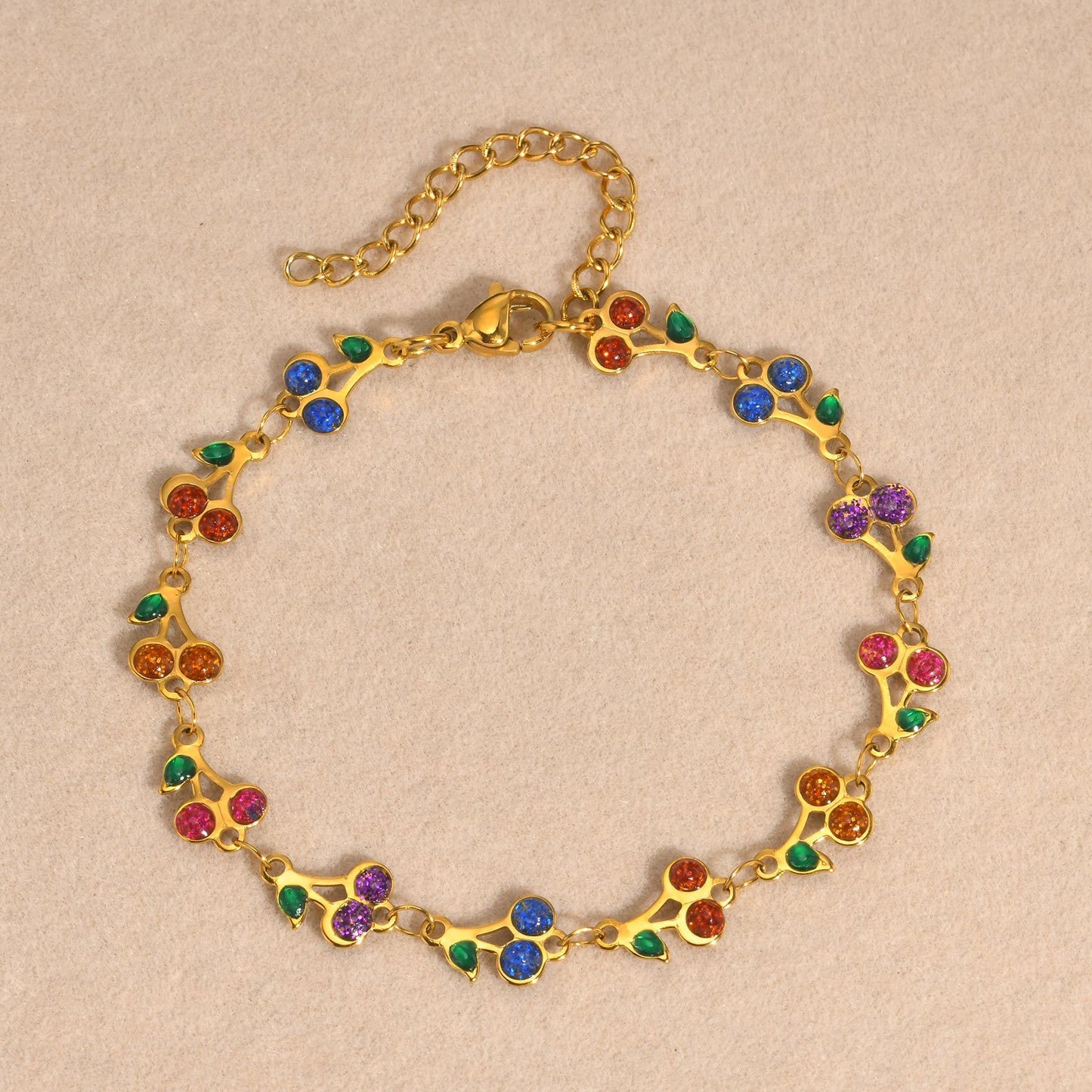 Ladies Color Epoxy Bracelet Stainless Steel Gold Cherry Flower Heart Element