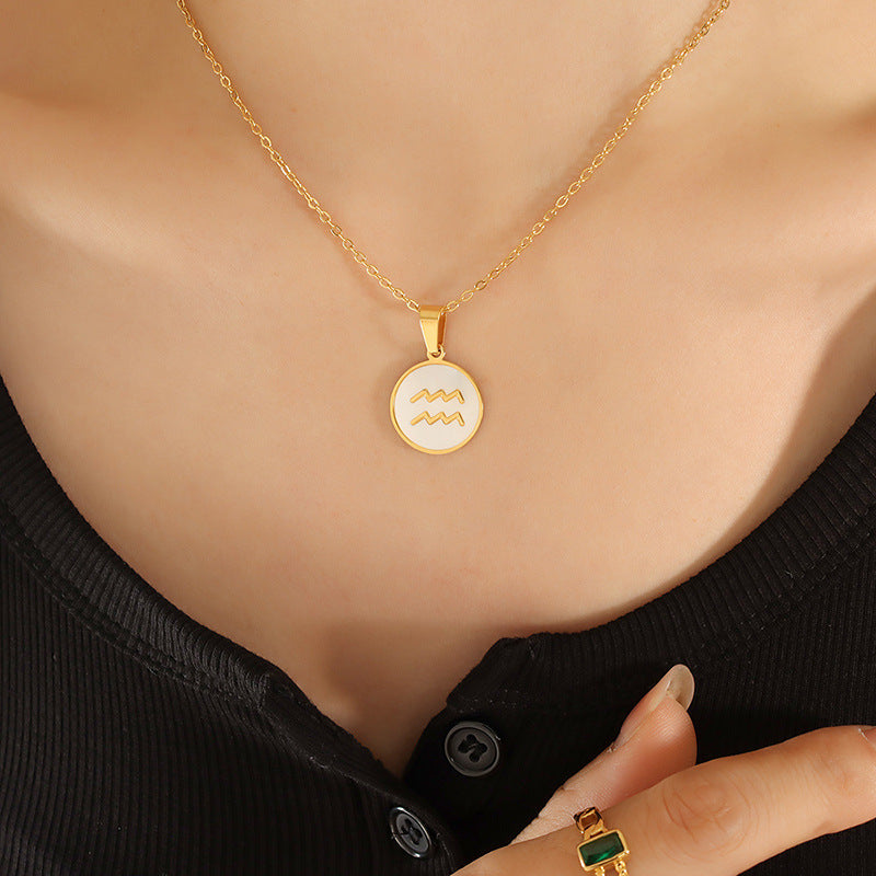 Celestial Zodiac Necklace Set with White Sea Shell Pendant - Titanium Steel Gold Plated Women's Jewelry