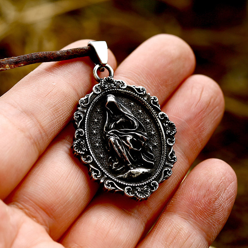 Titanium Steel Grim Reaper Skull Pendant - Retro European and American Magic Mirror Jewelry for Men