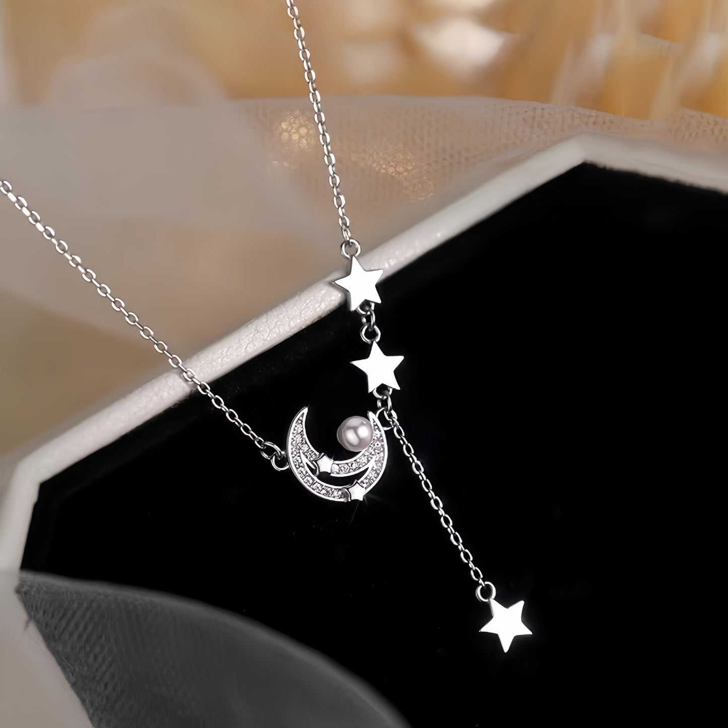 Planderful 925 Sterling Silver Star Moon Necklace With Pearl Pendant For Romantic Girls