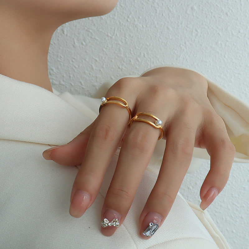 Personalized Geometric Gold-Plated Ring with Imitation Pearl